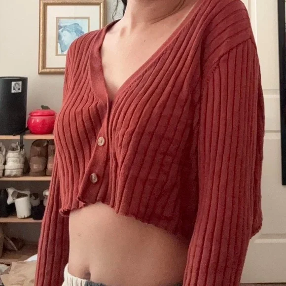 Rust Ribbed Button-Up Cardigan - Picture 1 of 5